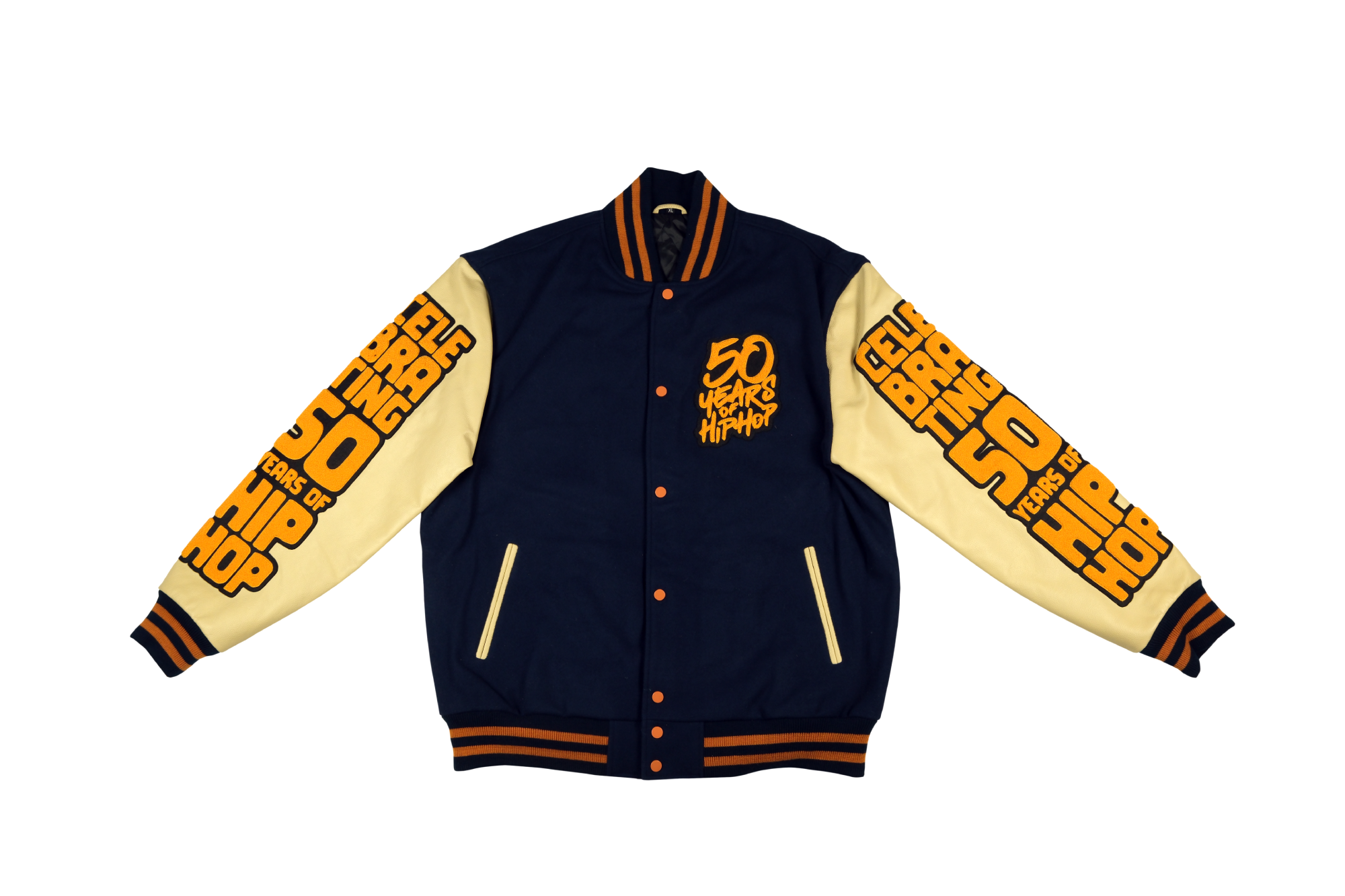 Celebrating 50 Years of Hip Hop: Vintage Navy Blue Leather and Wool Varsity Jacket